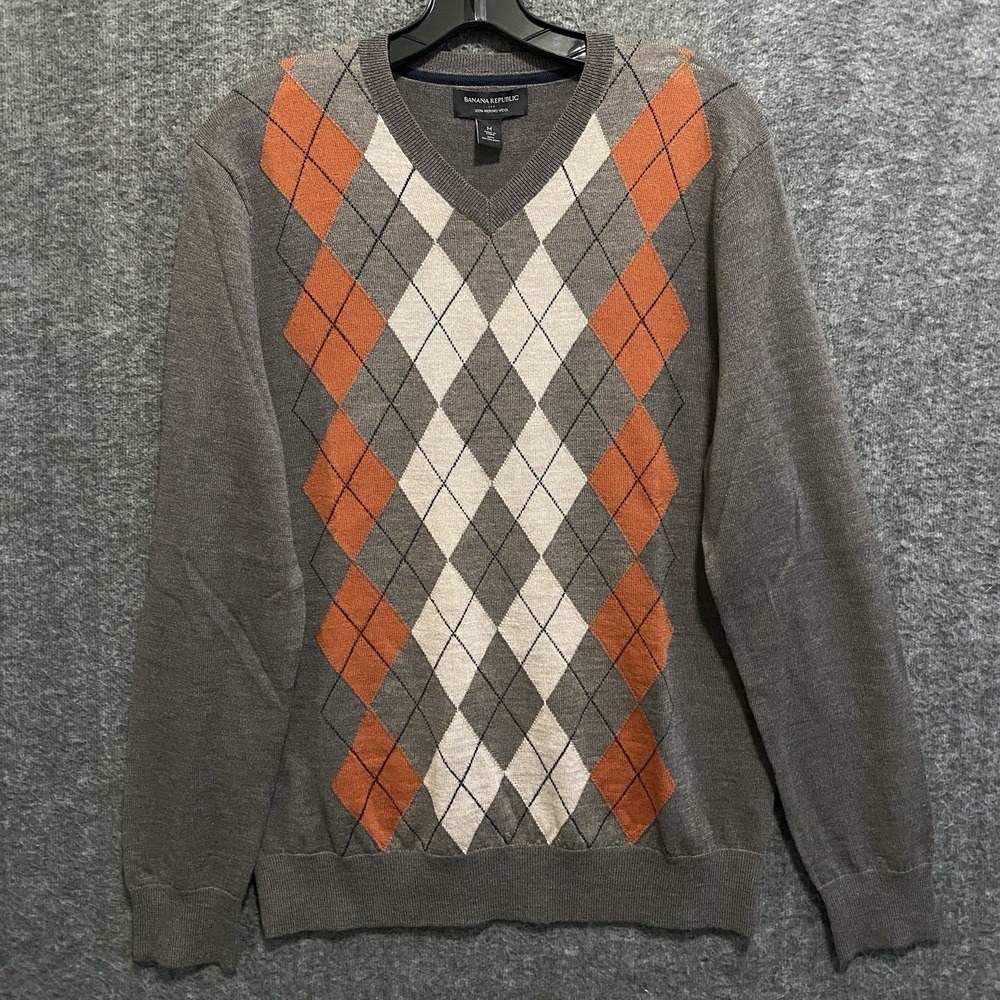 NEW Banana Republic Argyle Merino Wool Sweater Mens Medium Brown Preppy Academia